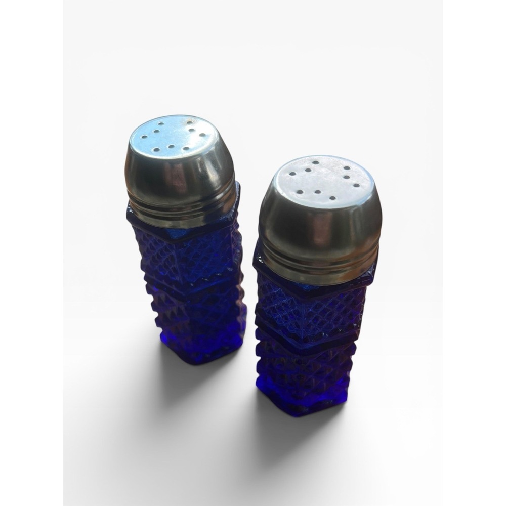 Vintage Cobalt Blue 4" Glass Hexagonal Salt Pepper Shakers Silver Metal Caps - Picture 2 of 7